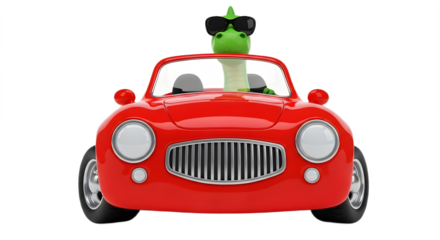 A green dinosaur wearing sunglasses driving a red cartoon car on transparent background