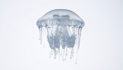 A translucent jellyfish with dome-shaped bell and trailing tentacles floating against a plain light background.