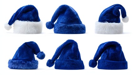 Six fluffy blue Santa hats isolated on a white background, featuring various angles and styles, some with white trim, for festive, modern Christmas and New Year design.