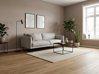 Modern minimalist living room interior with a comfortable sofa and green plants.
