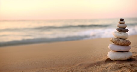 Stacked stones balancing on beach at sunset