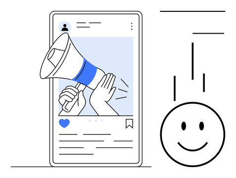 Social media communication. A megaphone with a smartphone interface highlights effective social media communication. Social media engagement with marketing, outreach, content creation, and branding