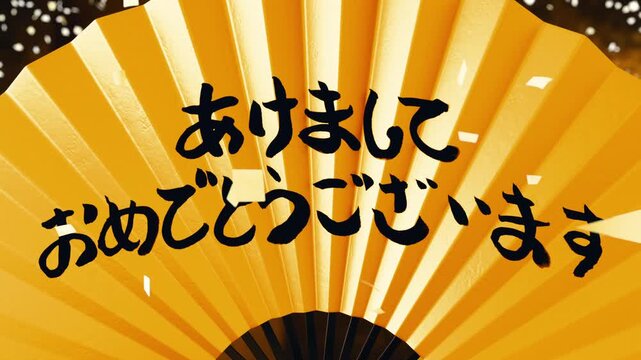 金色の扇子が開く3Dアニメーション　あけましておめでとう　金色の紙吹雪