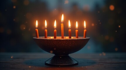 Hanukkah menorah with lit candles and bokeh lights
