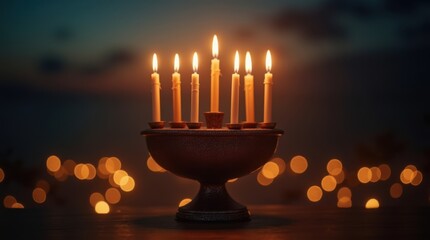 Hanukkah menorah with lit candles and bokeh lights