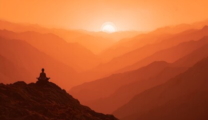 Person meditating on mountain peak at sunset