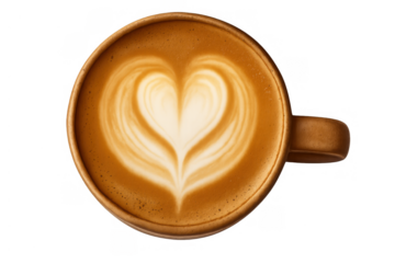 Coffee cup showing latte art in heart shape, flat lay view, concept of love and passion for drinks