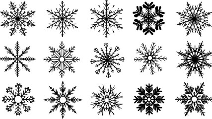 Variety of Black Silhouette Snowflake Icons for Winter Themes cold
