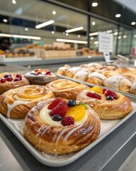Assorted Danish pastries with fresh fruit in a bakery display