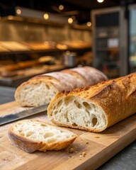 Sliced baguette revealing interior texture on a wooden board