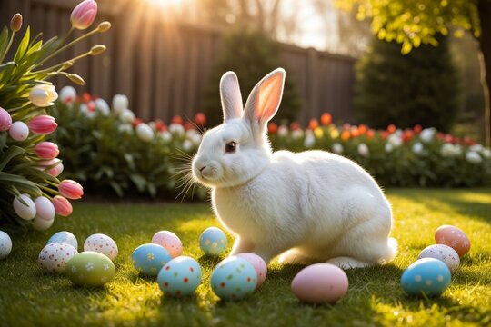 Wei&szlig;er Hase umgeben von bunten Ostereiern in einem bl&uuml;henden Garten