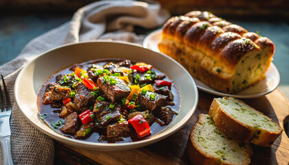 チェコの定番料理　グラーシュ　チェコの代表的な料理で、牛肉と玉ねぎ・パプリカなどの野菜を肉汁で煮込んだシチューのような料理