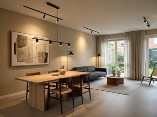 Modern open plan living and dining room with contemporary furniture and lighting.