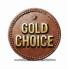 A brown leather-textured round badge with stitched edges and the words "GOLD CHOICE" in embossed gold lettering, featuring a small star.