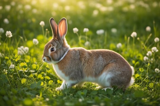 Brauner Hase in einer Wiese mit Klatschmohn und Wei&szlig;klee, aufgenommen bei Sonnenuntergang
