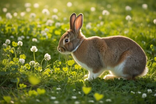 Brauner Hase in einer Wiese mit Klatschmohn und Wei&szlig;klee, aufgenommen bei Sonnenuntergang