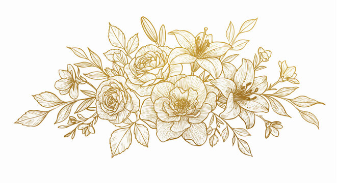 line art illustration of a floral arrangement in gold on white background with copy space