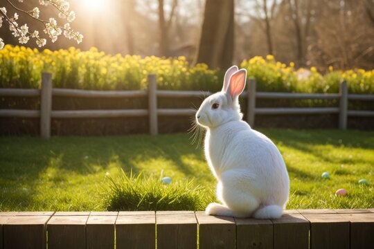 Wei&szlig;es Kaninchen in bl&uuml;hendem Fr&uuml;hling mit bunten Eiern im Gras