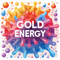 A vibrant, multi-colored liquid splash with "GOLD ENERGY" text, surrounded by colorful droplets and bubbles.