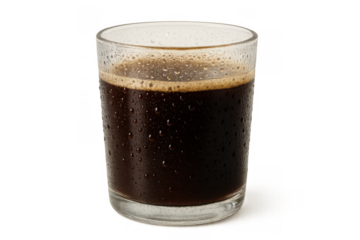 Cold espresso shot in a clear glass with condensation, black coffee drink on a transparent background, refreshing beverage
