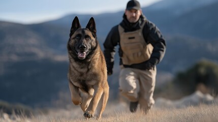 A K9 handler training an elite service dog through agility drills and scent-tracking exercises, both moving with synchronized focus across an outdoor field — professional canine training,