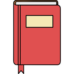 Red Hardcover Book with Cream Colored Label on Cover and Bookmark Attached Minimalist Illustration on Black Background