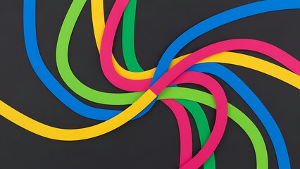 Abstract dynamic swirl background featuring bright CMYK color palette curves on a dark surface.