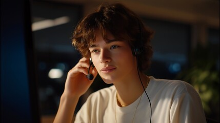 A crisis hotline worker sitting alone under warm desk light at 3 a.m., speaking softly into a headset while providing emotional support to someone in distress — mental health crisis response,