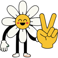 Retro Cartoon Daisy Flower Character with Happy Face Holding Peace Sign and Wearing Black Outfit Isolated on Black Background Cheerful Retro Design