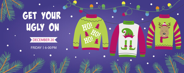 Ugly sweater party banner, background or invitation with hanging lights string and different sweaters. Christmas holiday decoration. Layout template. Get your ugly on text.