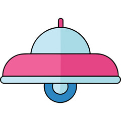 Retro Futuristic Flying Saucer With Pink and Light Blue Accents Isolated On Black Background