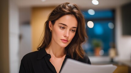 A real estate agent showing subtle anxiety while double-checking documents before a big open house, standing alone in a quiet kitchen with thoughtful concentration — authenticity, behind-the-scenes