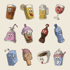 Retro Cartoon Funny Beverages Mascot Bundle