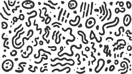 Black abstract organic shapes and dots on white background pattern