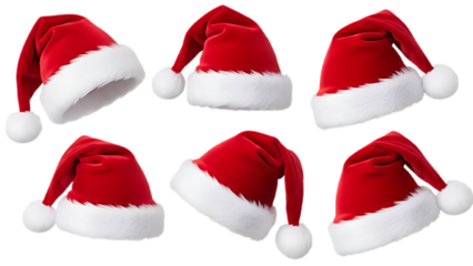 Collage with Santa Claus hats set, closeup objects. Isolated on transparent background. Christmas and New Year celebration