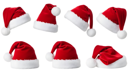 Collage with Santa Claus hats set, closeup objects. Isolated on transparent background. Christmas and New Year celebration