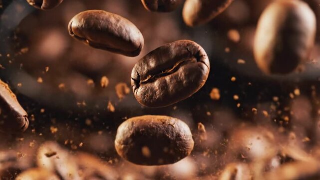 A captivating close-up captures richly roasted coffee beans in dynamic motion, scattering fine coffee dust against a moody, dark background. The shallow depth of field emphasizes the intricate texture