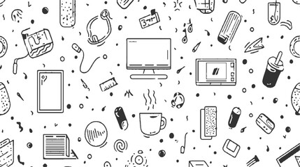 Hand drawn doodle pattern of office supplies and drinks on white background vector