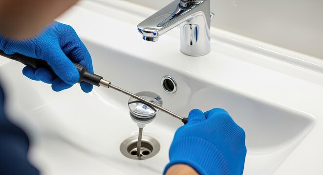 Professional plumber wearing blue rubber gloves carefully inserts a drain cleaning auger into a white bathroom sink to remove a blockage