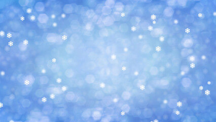Group of fallen snowflakes with blurred white bokeh on blue background. Image for greeting card representation template concept