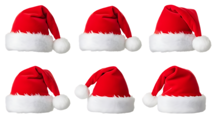 Collage with Santa Claus hats set, closeup objects. Isolated on transparent background. Christmas and New Year celebration