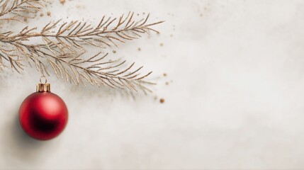 Festive Ornament and Branch: A vibrant red ornament hangs delicately from a festive branch, with the muted tones creating a simple and elegant holiday setting.