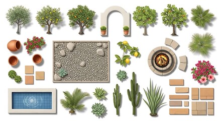 Collection of garden and landscape elements for design and illustration