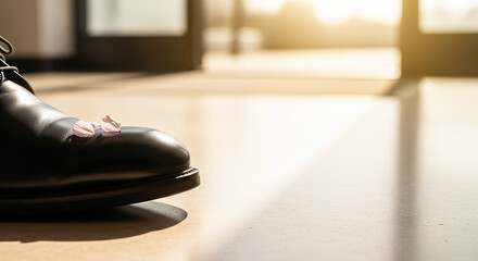 散った桜が革靴に乗った瞬間、卒業・別れをイメージするフレーム素材（コピースペース・余白・背景・壁紙）