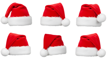 Collage with Santa Claus hats set, closeup objects. Isolated on transparent background. Christmas and New Year celebration