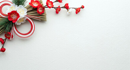 ミニマルな梅の注連飾り、日本の新年をイメージするフレーム素材（コピースペース・余白・背景・壁紙）