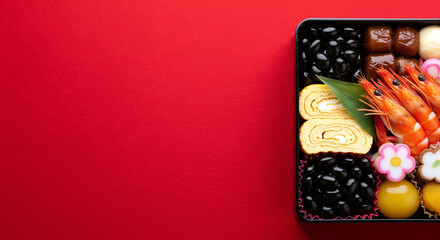 重箱のおせち料理、めでたい正月の食卓をイメージするフレーム素材（コピースペース・余白・背景・壁紙）