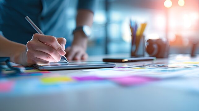 Close-up of a Creative Individual Using a Digital Tablet to Sketch Designs in a Modern Workspace with Colorful Papers