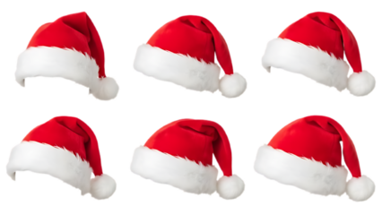 Collage with Santa Claus hats set, closeup objects. Isolated on transparent background. Christmas and New Year celebration