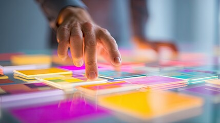 Fototapeta premium Creative Hands Exploring Colorful Transparent Layers on a Digital Interface for Innovative Ideas and Design Concepts